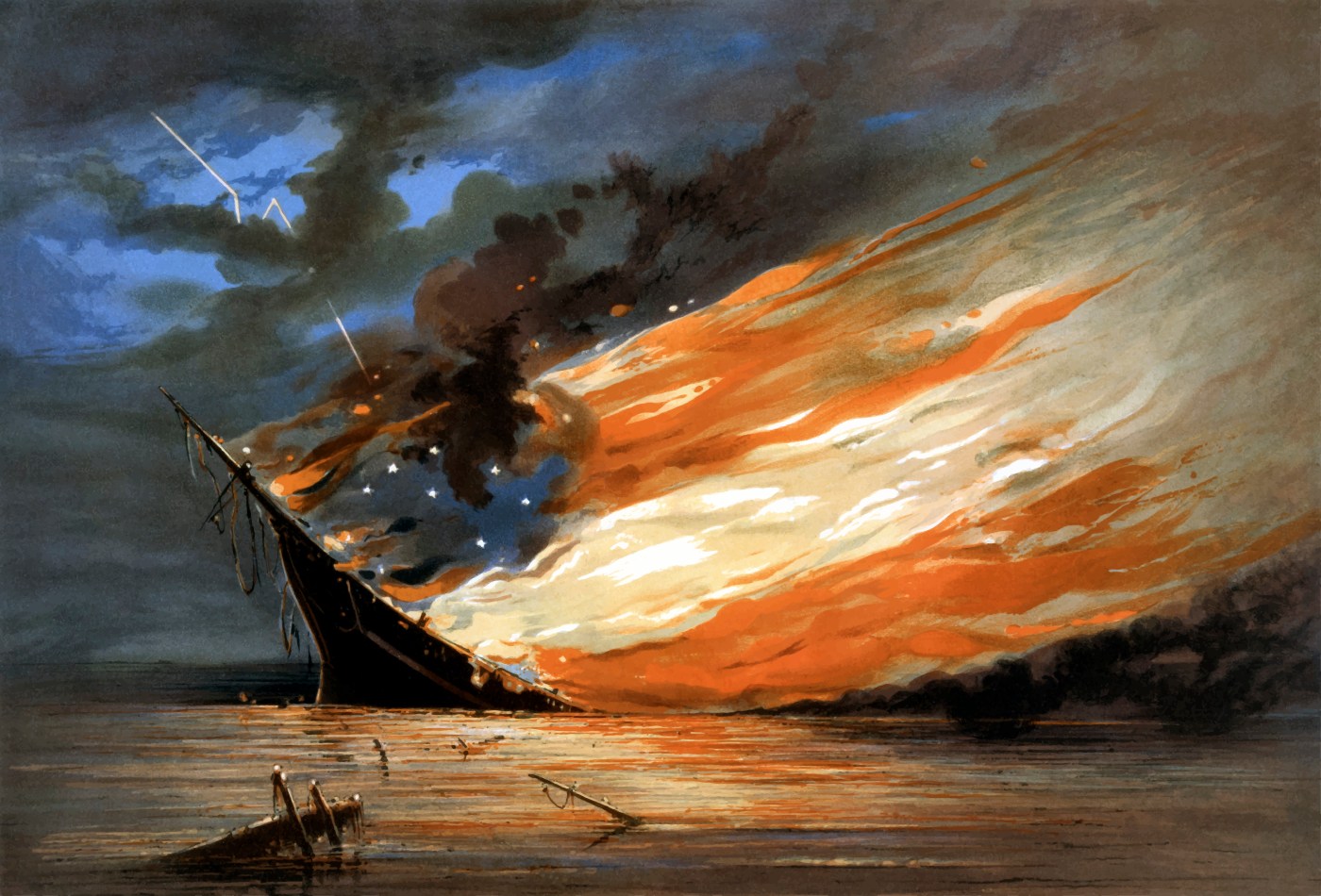 Vintage Civil War painting of a warship burning in a calm sea.