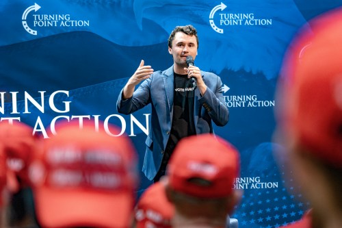 Conservative activist Charlie Kirk speaks during a meeting at the University of Arizona in Tucson on October 17, 2024. (Photo by OLIVIER TOURON/AFP via Getty Images)
