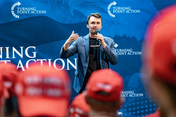 Conservative activist Charlie Kirk speaks during a meeting at the University of Arizona in Tucson on October 17, 2024. (Photo by OLIVIER TOURON/AFP via Getty Images)