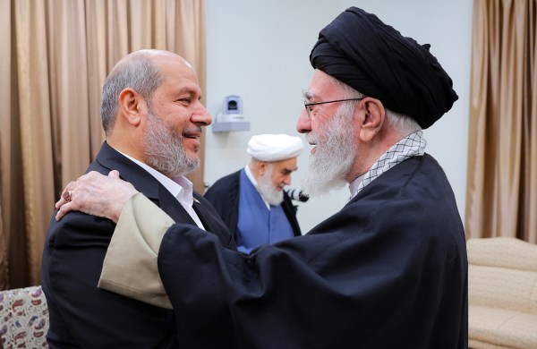 Iranian Supreme Leader Ayatollah Ali Khamenei meets with Hamas Political Bureau member Khalil al-Hayya in Tehran on February 8, 2025. (Photo by Iranian Leader Press Office / Handout/Anadolu/Getty Images)