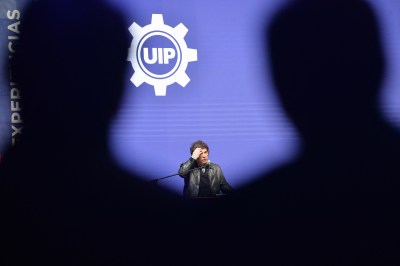 Argentina’s President Javier Milei gives a speech during a meeting with young people from the Industrial Entrepreneurs Forum of Paraguay (FEIP) organized by the Paraguayan Industrial Union (UIP) at the headquarters of the National Secretary of Sports in Asuncion on September 16, 2025. (Photo by Daniel DUARTE / AFP) (Photo by DANIEL DUARTE/AFP via Getty Images)