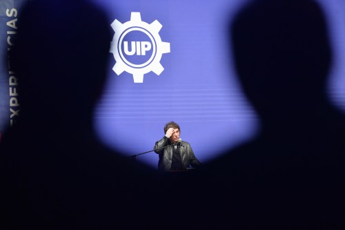Argentina’s President Javier Milei gives a speech during a meeting with young people from the Industrial Entrepreneurs Forum of Paraguay (FEIP) organized by the Paraguayan Industrial Union (UIP) at the headquarters of the National Secretary of Sports in Asuncion on September 16, 2025. (Photo by Daniel DUARTE / AFP) (Photo by DANIEL DUARTE/AFP via Getty Images)