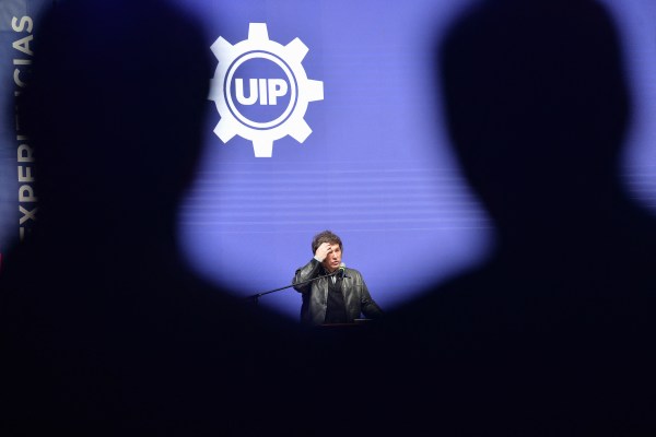 Argentina’s President Javier Milei gives a speech during a meeting with young people from the Industrial Entrepreneurs Forum of Paraguay (FEIP) organized by the Paraguayan Industrial Union (UIP) at the headquarters of the National Secretary of Sports in Asuncion on September 16, 2025. (Photo by Daniel DUARTE / AFP) (Photo by DANIEL DUARTE/AFP via Getty Images)