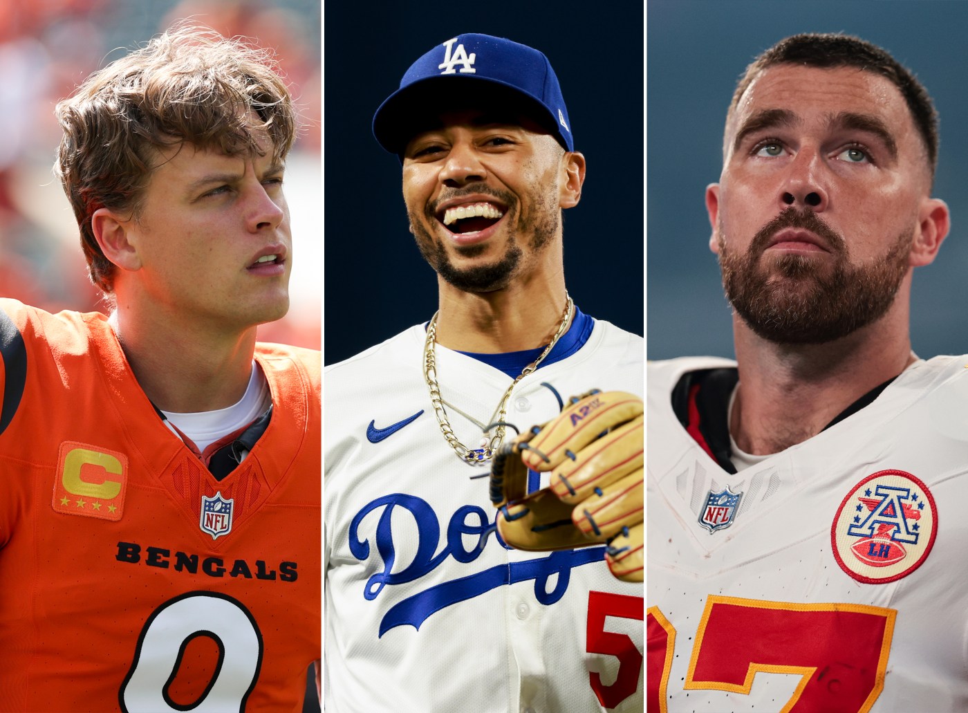 Photo illustration by Noah Hickey/The Dispatch.  (Photos: Joe Burrow by Kara Durrette/Getty Images, Mookie Betts by Nicole Vasquez/MLB Photos/Getty Images, Travis Kelce by Kathryn Riley/Getty Images)