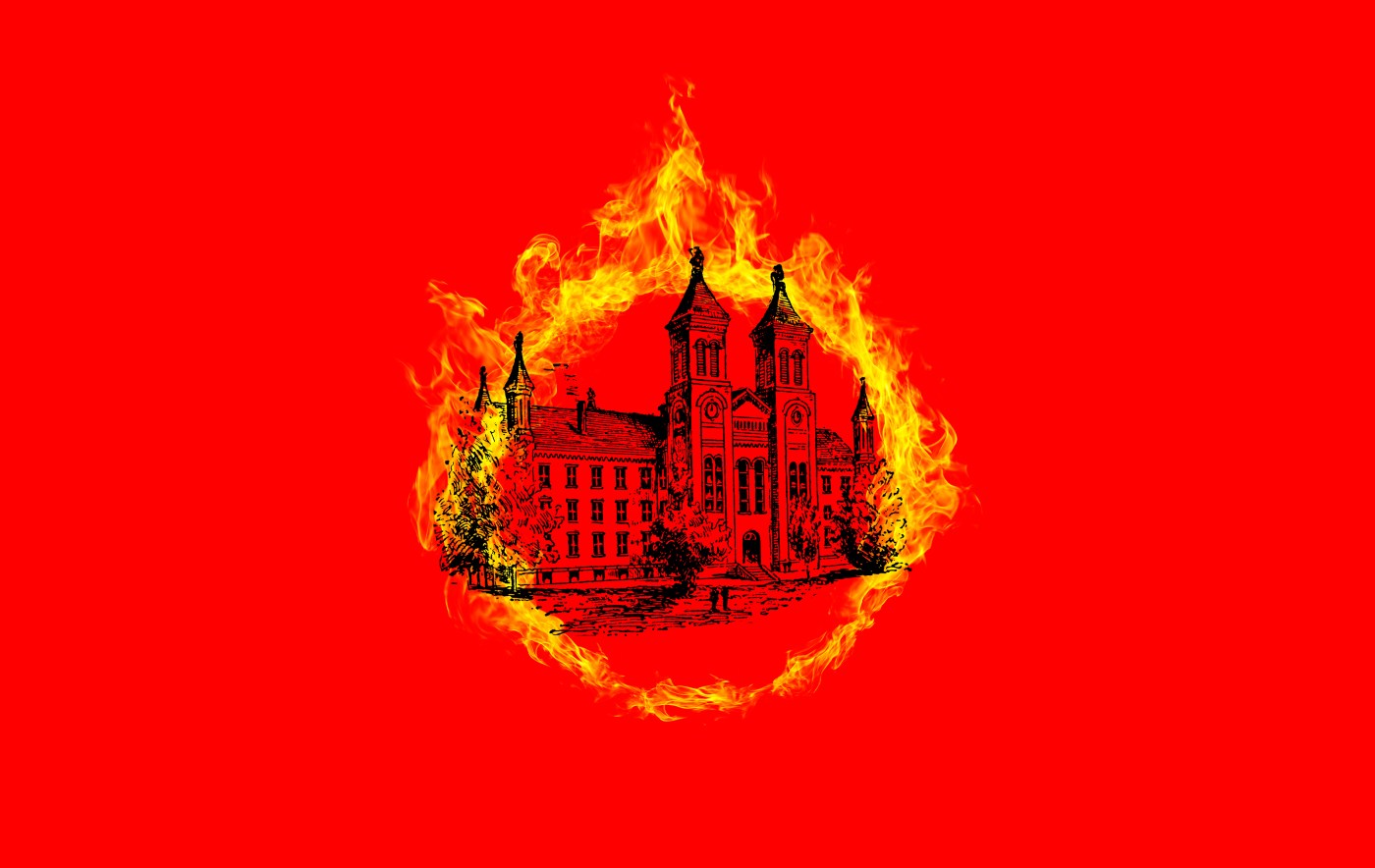 A drawing of a building on fire