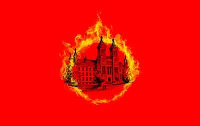 A drawing of a building on fire