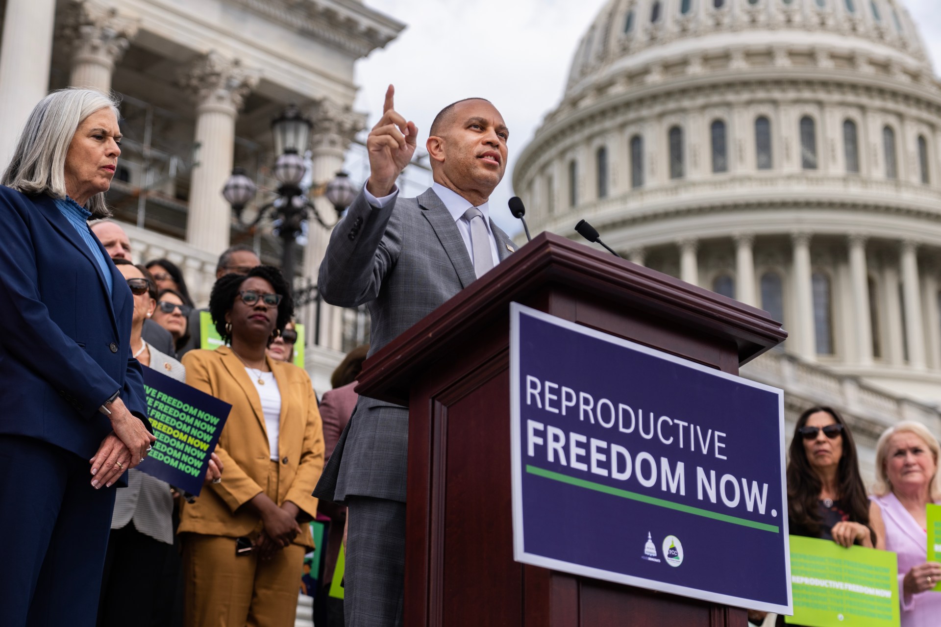 House Minority Leader Hakeem Jeffries speaks during a rally to mark the two-year anniversary of the Supreme Court’s Dobbs v. Jackson Women’s Health Organization decision on June 27, 2024. (Tom Williams/CQ-Roll Call, Inc via Getty Images)