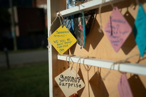 A group of signs on a shelf