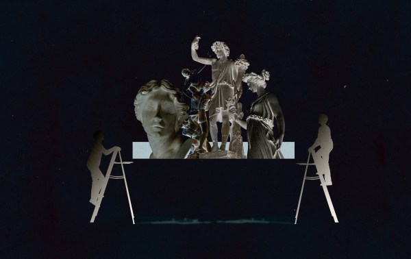 A group of statues on a ladder