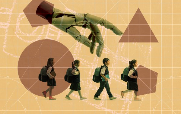 A group of children walking with a robot hand