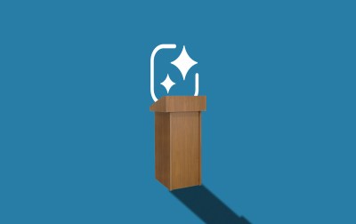 A podium with a logo on it