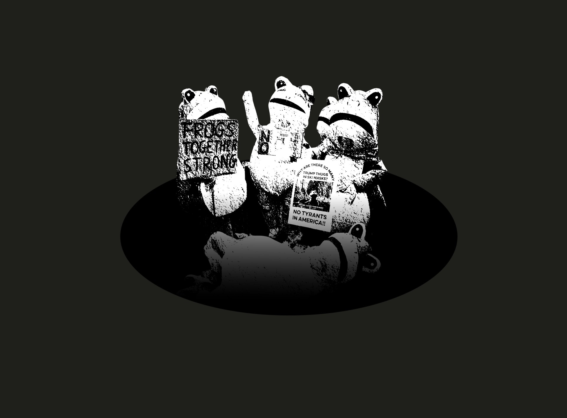 A group of frogs holding bags