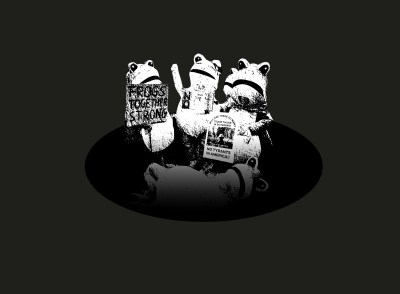 A group of frogs holding bags