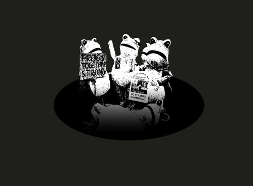 A group of frogs holding bags