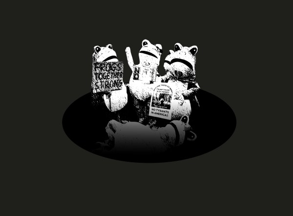 A group of frogs holding bags