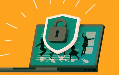 A computer screen with a padlock and people dancing