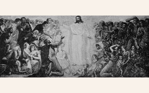 An illustration from the book “The story of the Book of Mormon” by George Reynolds, featuring Jesus Christ appearing to a group of Nephites, published in 1888. (Photo by Smith Collection/Gado/Getty Images)