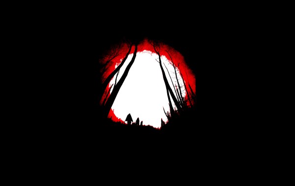 A red circle with trees in the background