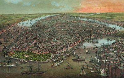 Birds-eye view of New York City in 1873, with ships in the harbor, as seen from the south. (Photo by Buyenlarge via Getty Images)