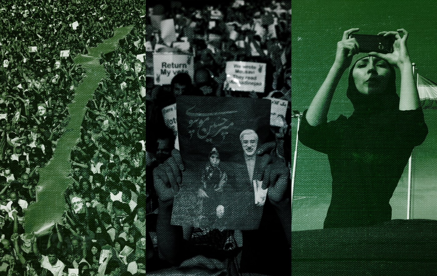 A woman holding signs and standing in front of a crowd