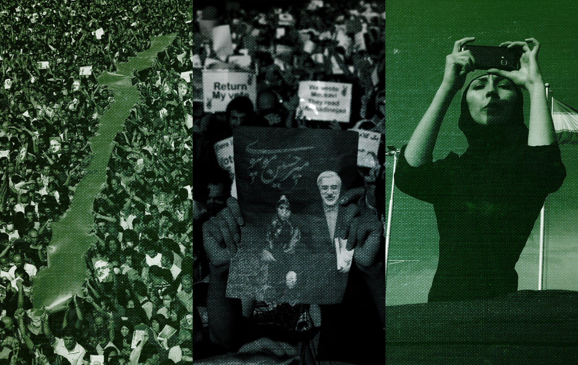 A woman holding signs and standing in front of a crowd