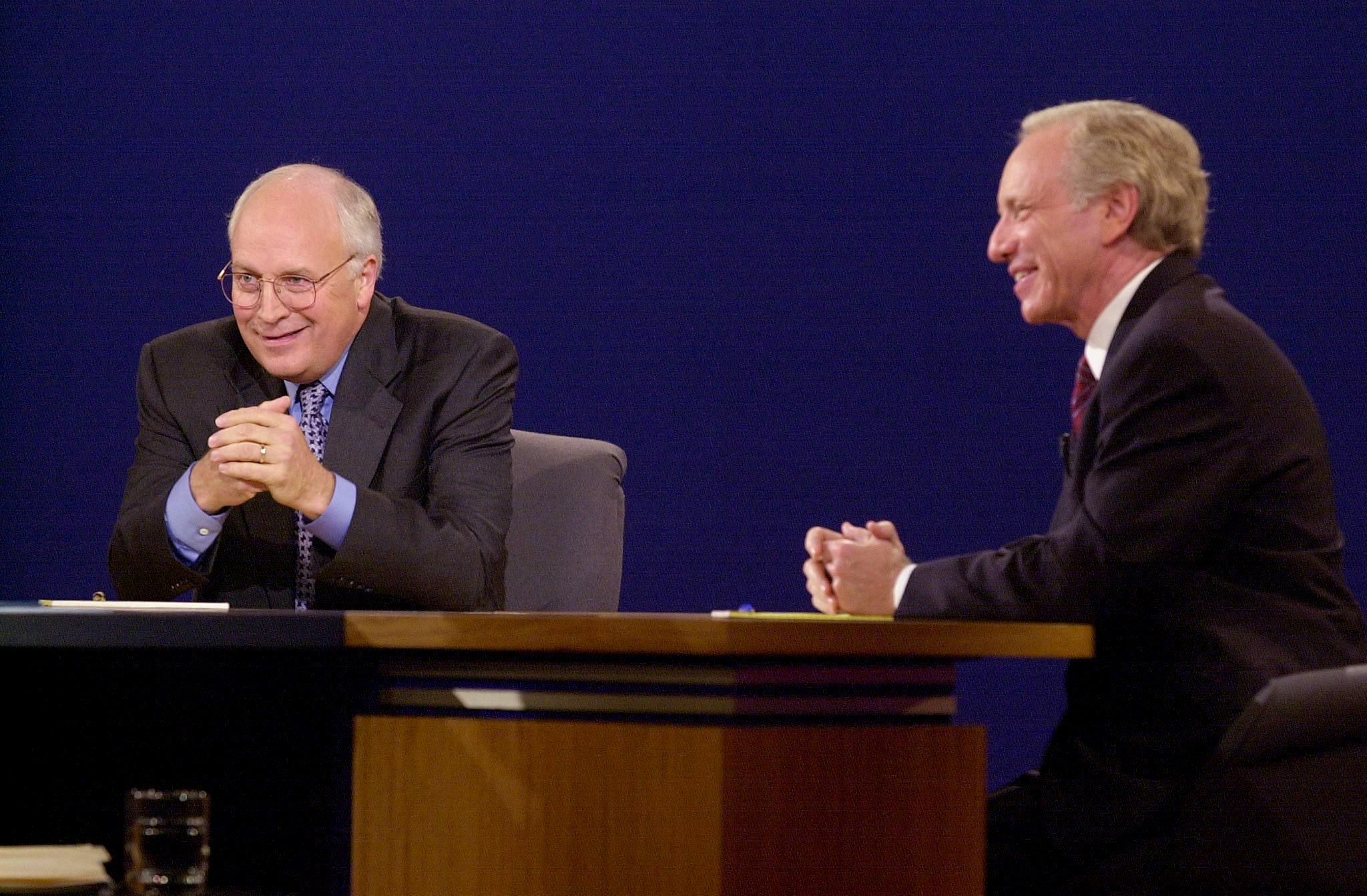Joseph Lieberman and Dick Cheney at Centre College’s Norton Center for the Arts in Danville, Kentucky, for the vice presidential debate. (Photo by JEFF KOWALSKY/AFP/Getty Images)