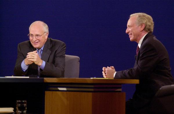 Joseph Lieberman and Dick Cheney at Centre College’s Norton Center for the Arts in Danville, Kentucky, for the vice presidential debate. (Photo by JEFF KOWALSKY/AFP/Getty Images)