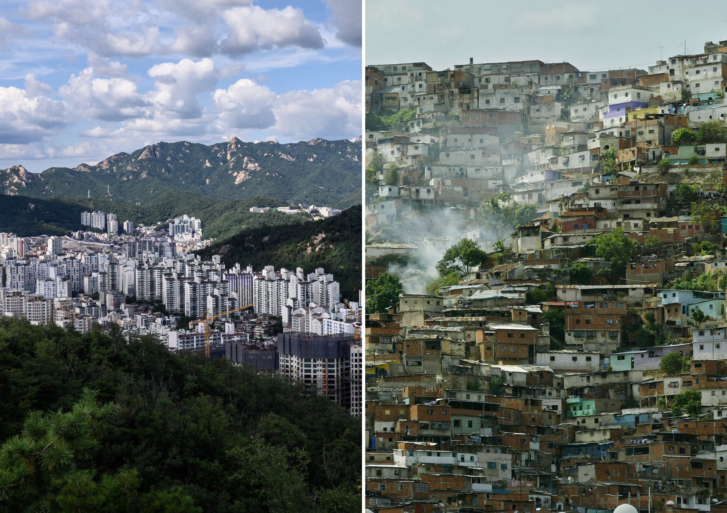 The city skyline in Seoul (left) and hillside slums in Caracas, Venezuela. (Photos by ANTHONY WALLACE/AFP and Kimberly White/Getty Images)
