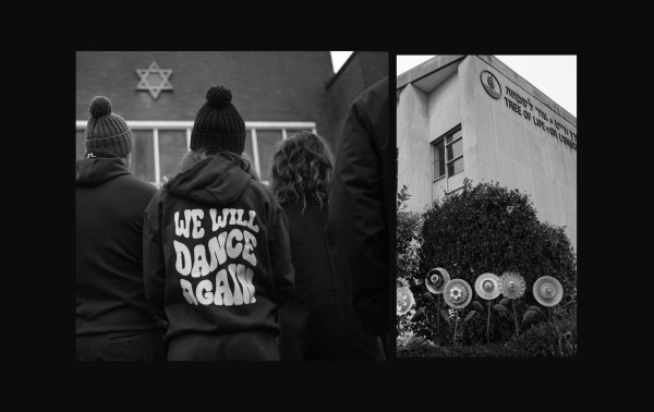 Illustration by Noah Hickey/The Dispatch (Photos of Heaton Park Synagogue and The Tree of Life synagogue via Getty Images).