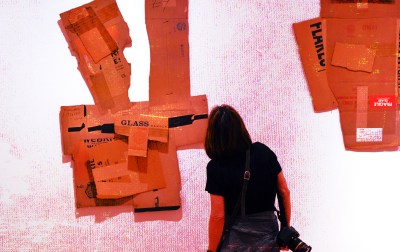 A woman looking at a piece of art