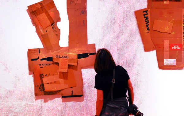 A woman looking at a piece of art