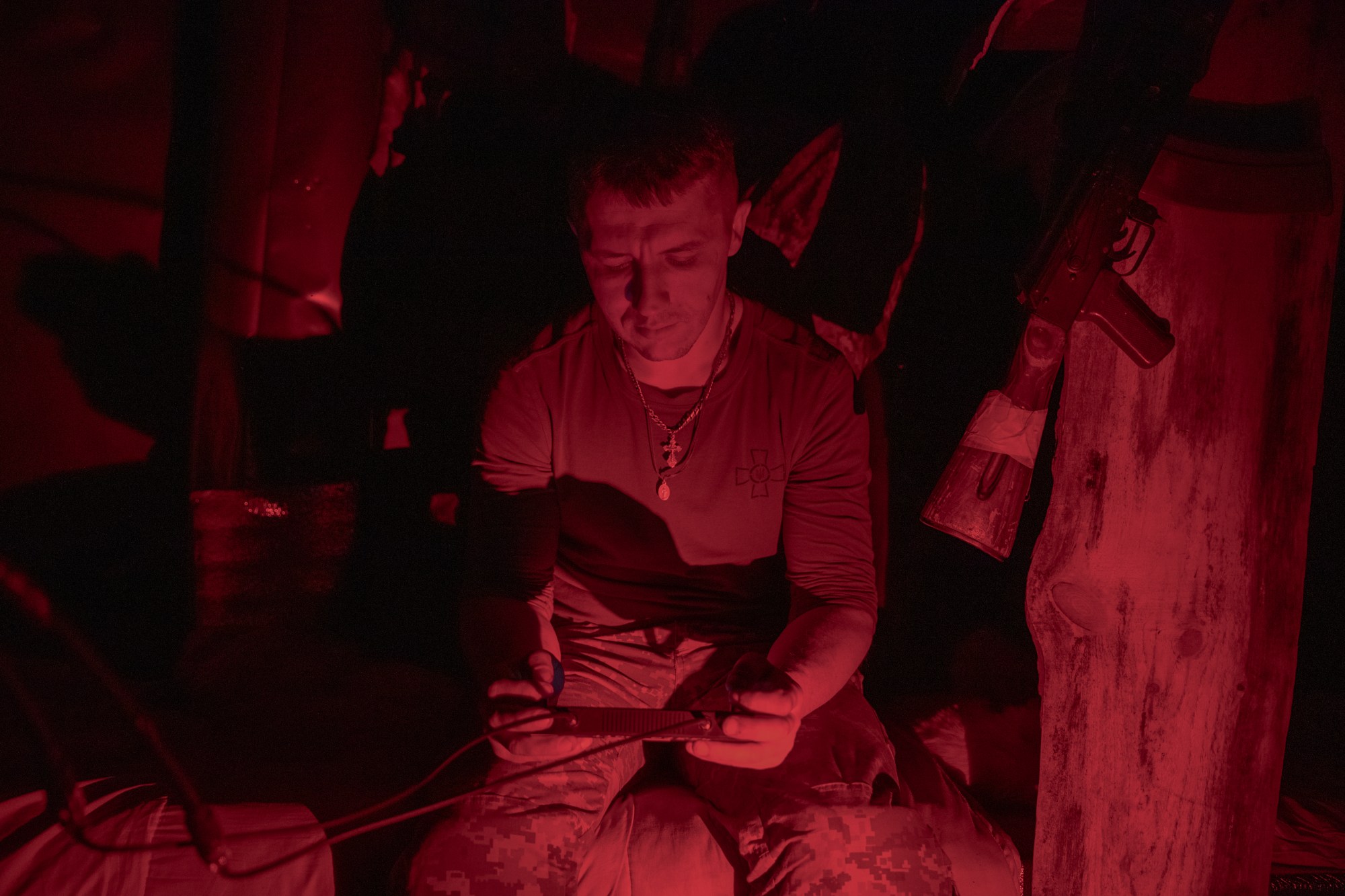 “Oumni” uses the night to his advantage, flying multiple missions under the cover of darkness from the dugout’s control room. (Photo by Louis Lemaire-Sicre / Hans Lucas)