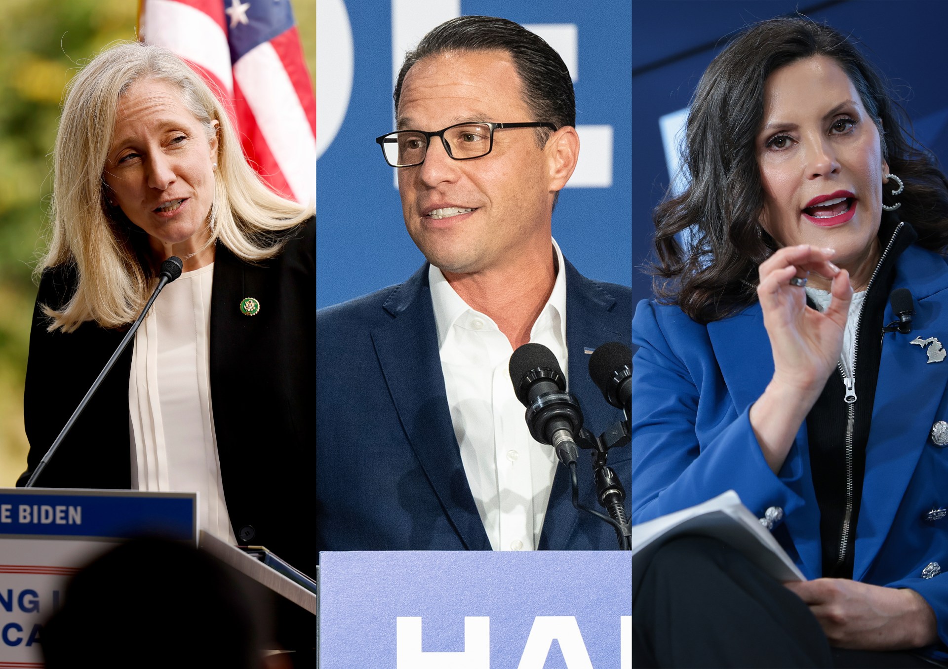 Gov.-elect for Virginia Abigail Spanberger, Pennsylvania Gov. Josh Shapiro, and Michigan Gov. Gretchen Whitmer. (Photos via Getty Images).