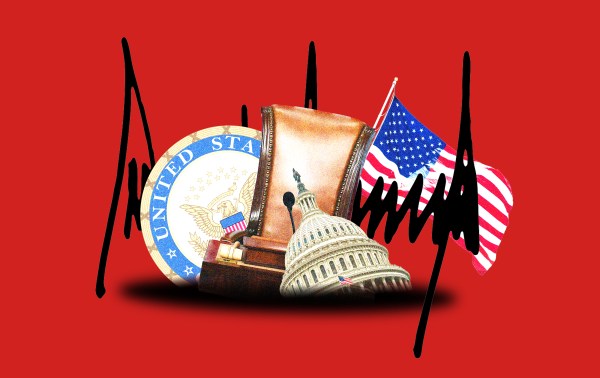 A group of objects on a red background