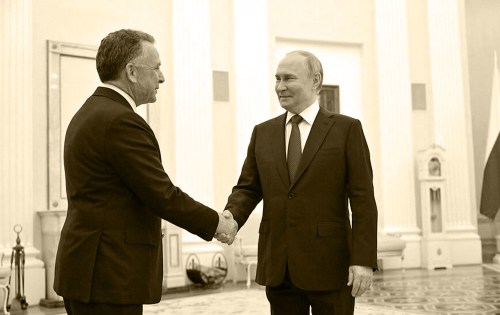 Special Envoy of the US President Steven Witkoff (L), and Russian President Vladimir Putin (R) (Photo by Kremlin Press Office / Handout/Anadolu via Getty Images)